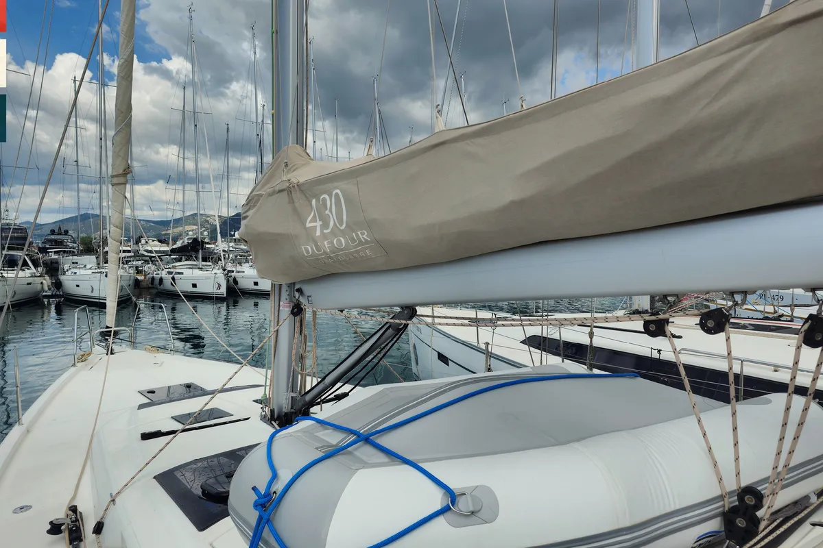 Exterior view of Moderato, a Dufour 430 GL sailboat at Kaštela, Croatia
