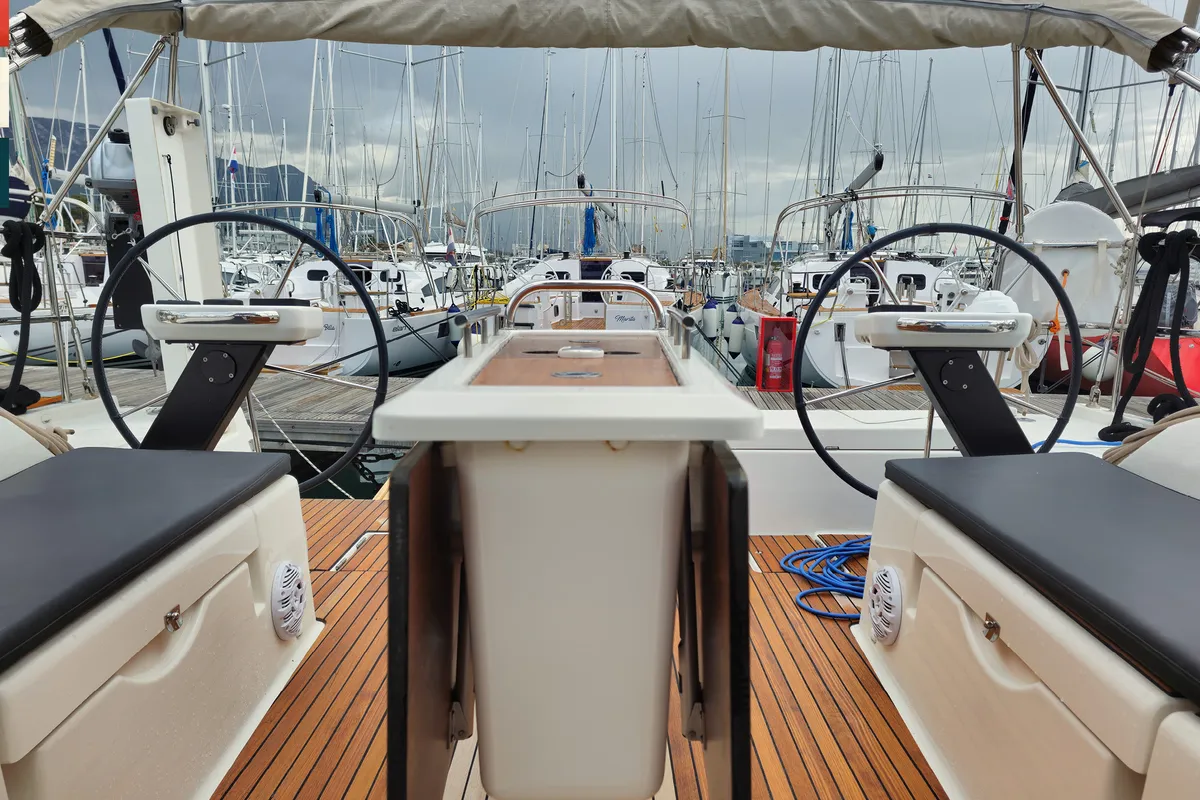 Cockpit of Moderato, a Dufour 430 GL sailboat at Kaštela, Croatia