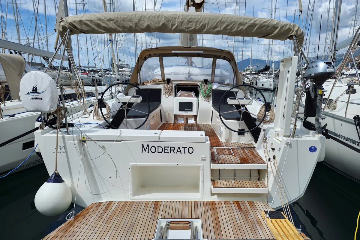 Exterior view of Moderato, a Dufour 430 GL sailboat at Kaštela, Croatia