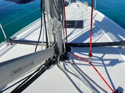 Deck of Delfino, a Beneteau Oceanis 34.1 sailboat at Salerno, Italy