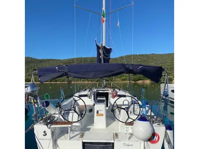 Cockpit of Delfino, a Beneteau Oceanis 34.1 sailboat at Salerno, Italy