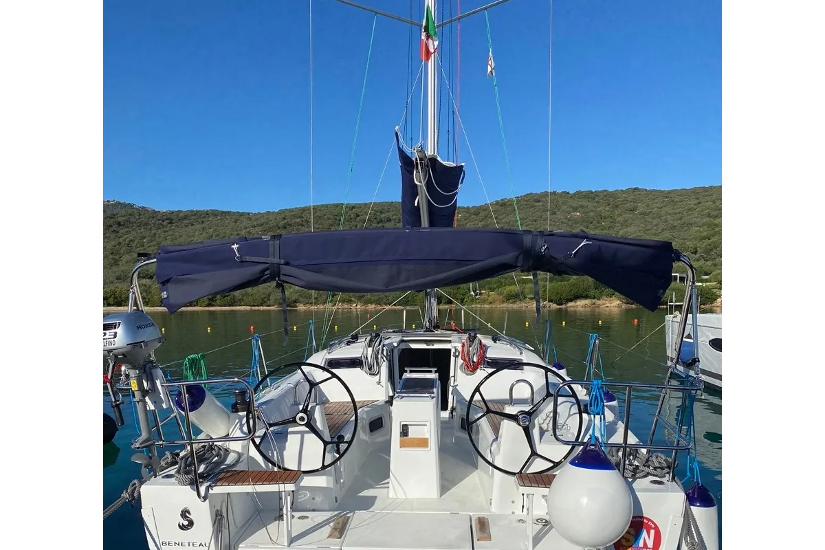 Cockpit of Delfino, a Beneteau Oceanis 34.1 sailboat at Salerno, Italy