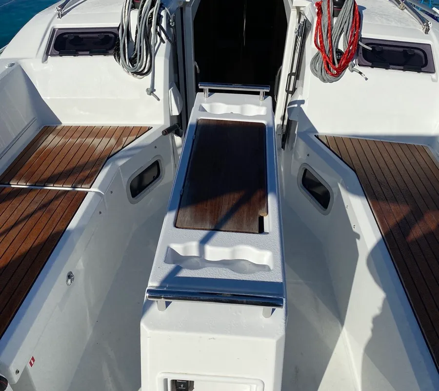 Deck of Delfino, a Beneteau Oceanis 34.1 sailboat at Salerno, Italy