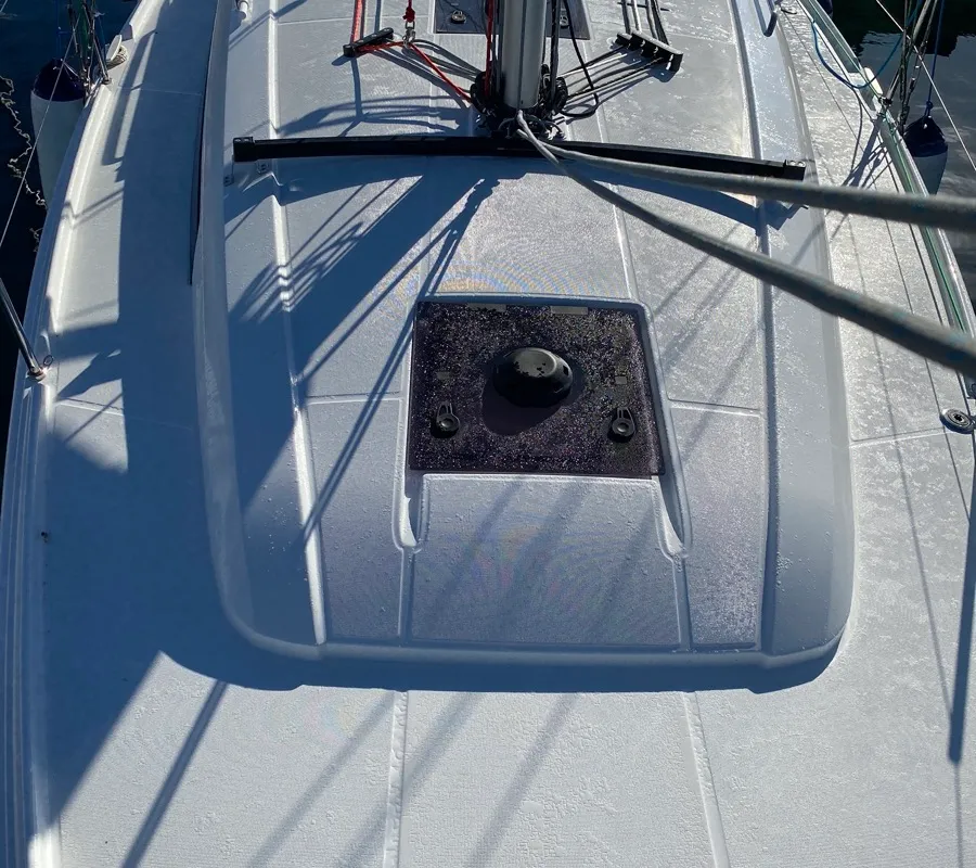Deck of Delfino, a Beneteau Oceanis 34.1 sailboat at Salerno, Italy