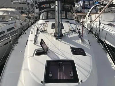 Exterior view of Atlantica, a Bavaria Cruiser 40 S sailboat at Palma de Mallorca, Spain