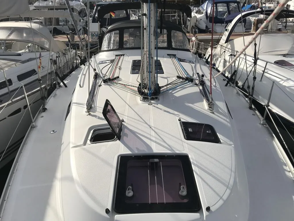 Exterior view of Atlantica, a Bavaria Cruiser 40 S sailboat at Palma de Mallorca, Spain
