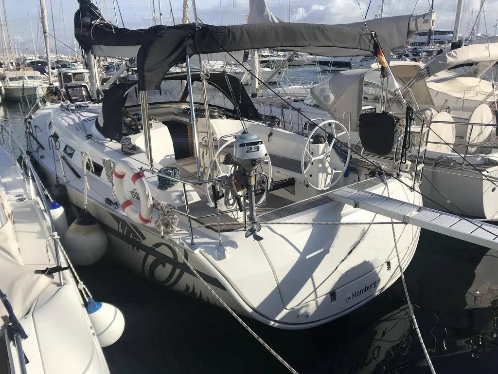 Exterior view of Atlantica, a Bavaria Cruiser 40 S sailboat at Palma de Mallorca, Spain