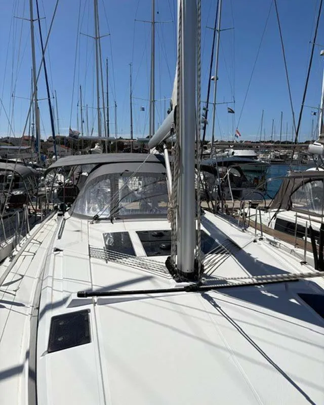 Deck of Ara, a Bavaria C46 sailboat at Grad Trogir, Croatia