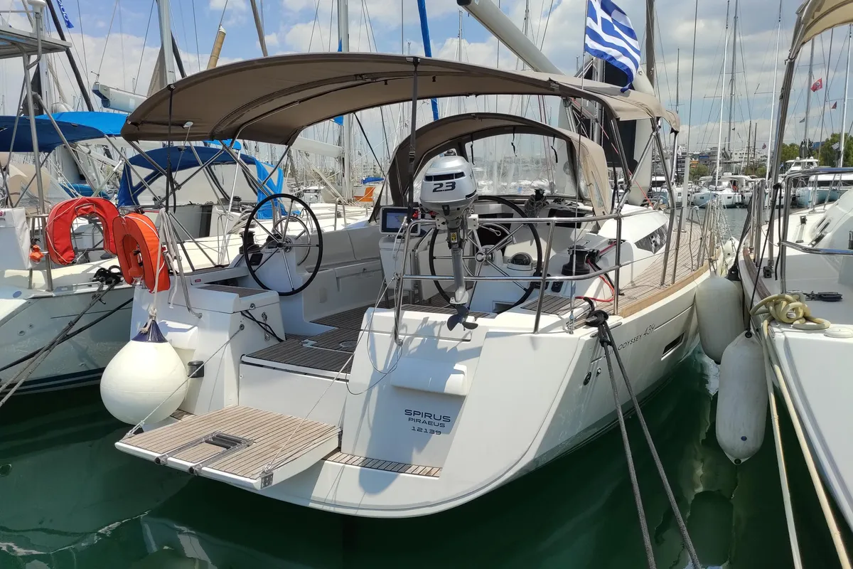 Exterior view of Spirus, a Jeanneau Sun Odyssey 439 sailboat at Athens, Greece