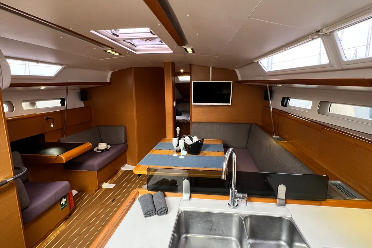 Salon of Spirus, a Jeanneau Sun Odyssey 439 sailboat at Athens, Greece