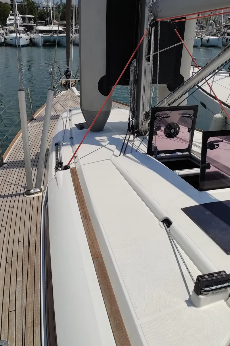 Deck of Spirus, a Jeanneau Sun Odyssey 439 sailboat at Athens, Greece