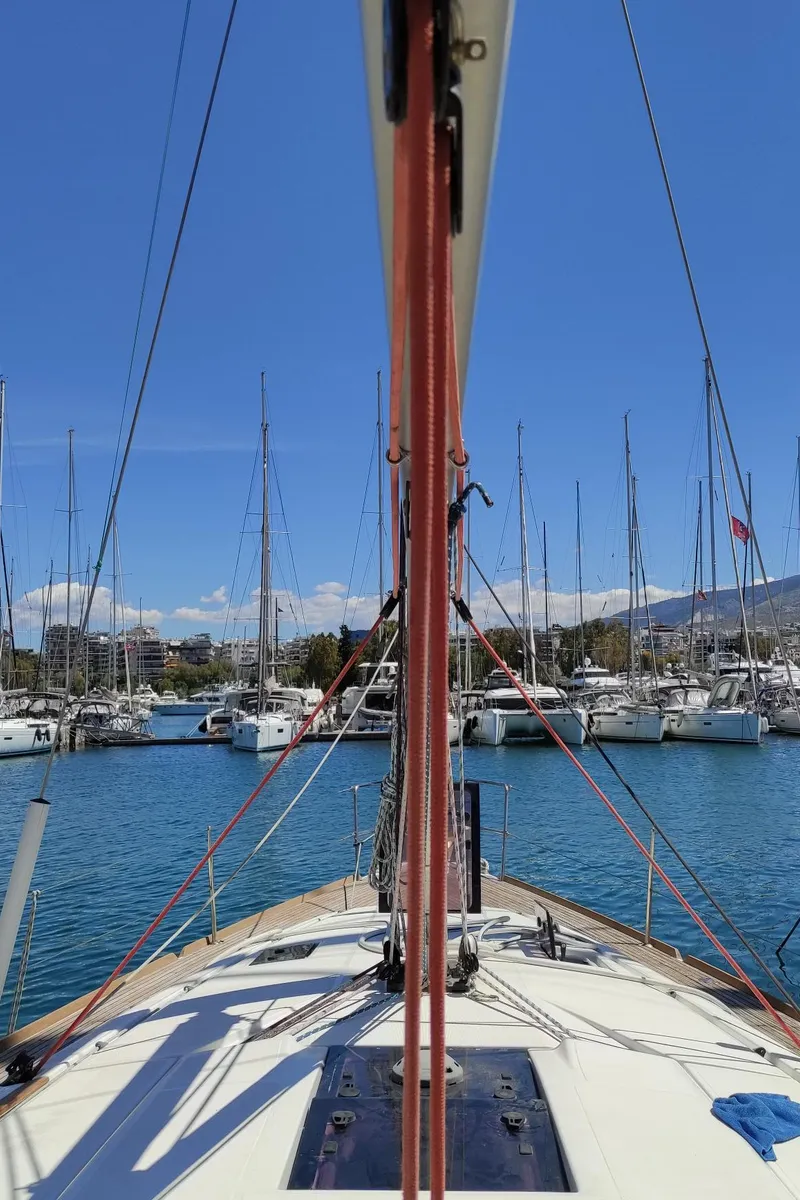 Deck of Spirus, a Jeanneau Sun Odyssey 439 sailboat at Athens, Greece