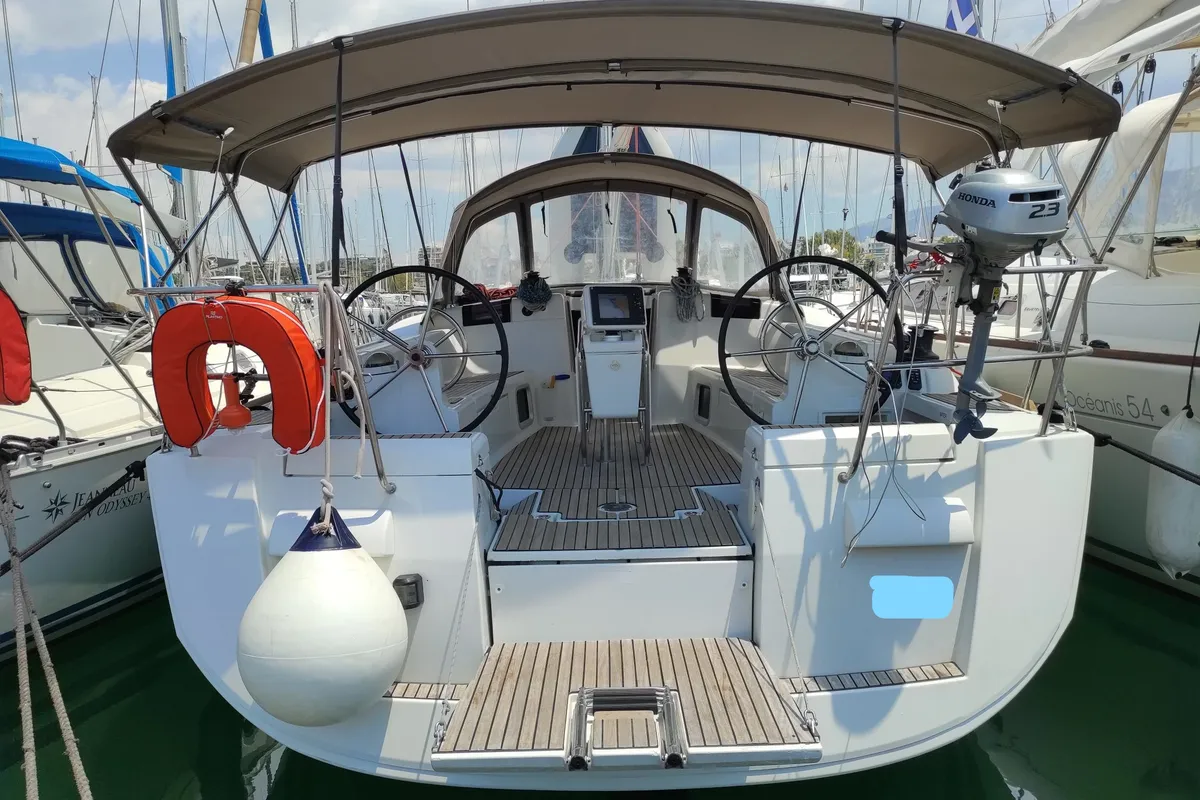 Exterior view of Spirus, a Jeanneau Sun Odyssey 439 sailboat at Athens, Greece