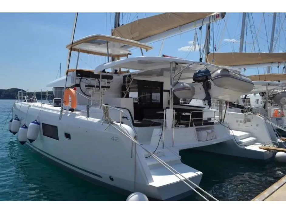 Exterior view of Orion IX, a Lagoon 42 catamaran at Skiathos, Greece