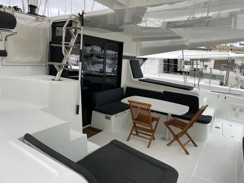 Deck of Orion IX, a Lagoon 42 catamaran at Skiathos, Greece