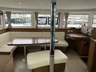Salon of Orion IX, a Lagoon 42 catamaran at Skiathos, Greece