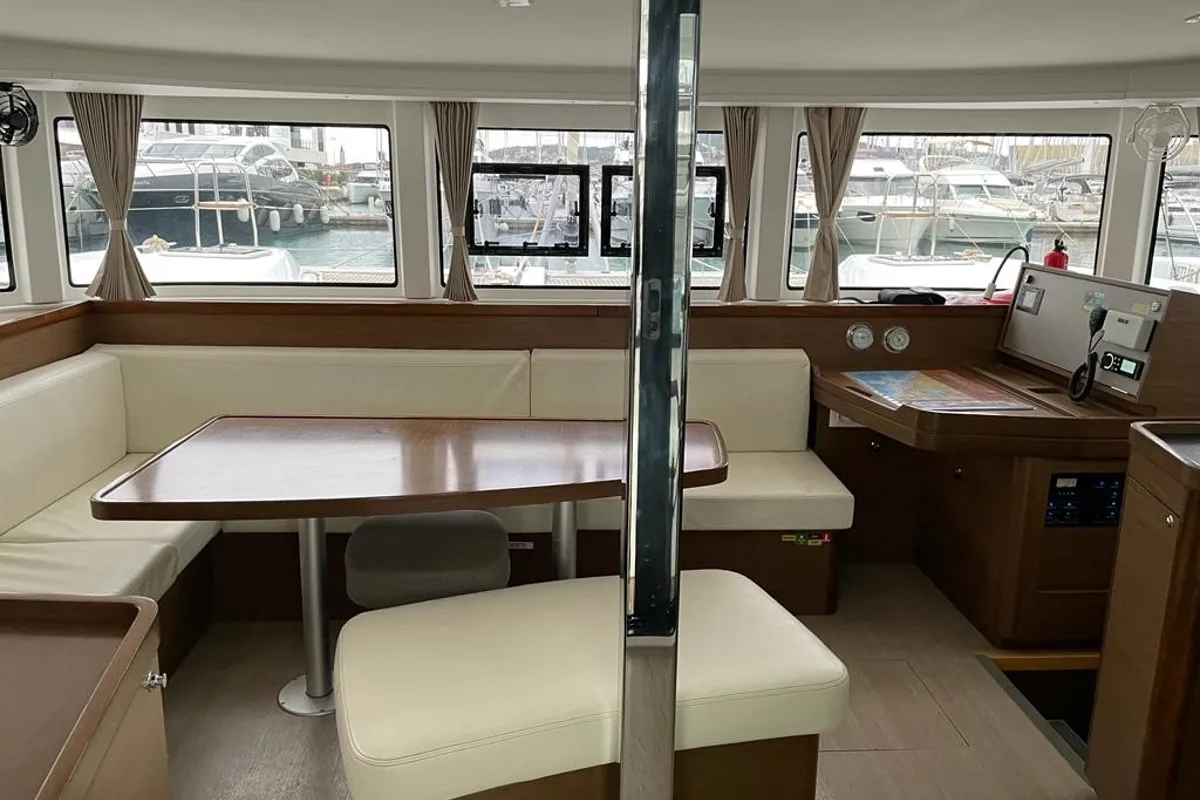 Salon of Orion IX, a Lagoon 42 catamaran at Skiathos, Greece