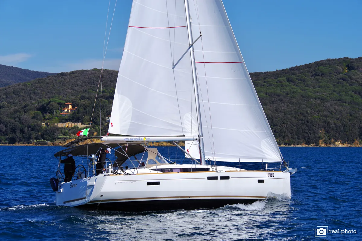 Exterior view of Idra, a Jeanneau Sun Odyssey 469 sailboat at Puntone di Scarlino, Italy