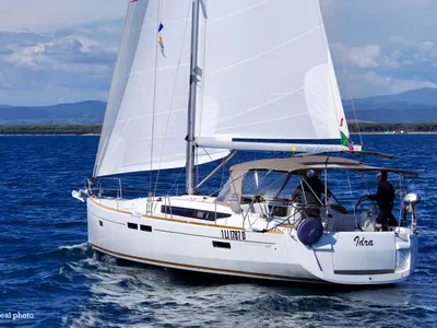 Exterior view of Idra, a Jeanneau Sun Odyssey 469 sailboat at Puntone di Scarlino, Italy