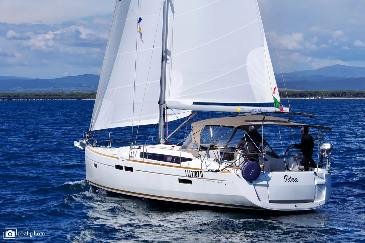 Exterior view of Idra, a Jeanneau Sun Odyssey 469 sailboat at Puntone di Scarlino, Italy