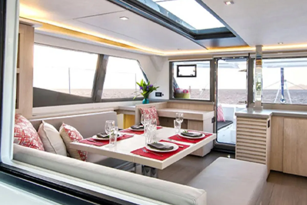 Salon of Sunsail 454L Classic, a Leopard 45 catamaran at English Harbour, Antigua and Barbuda