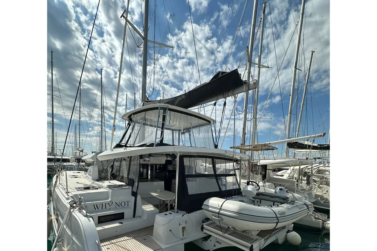 Exterior view of WHY NOT, a Lagoon 46 catamaran at Sukošan, Croatia