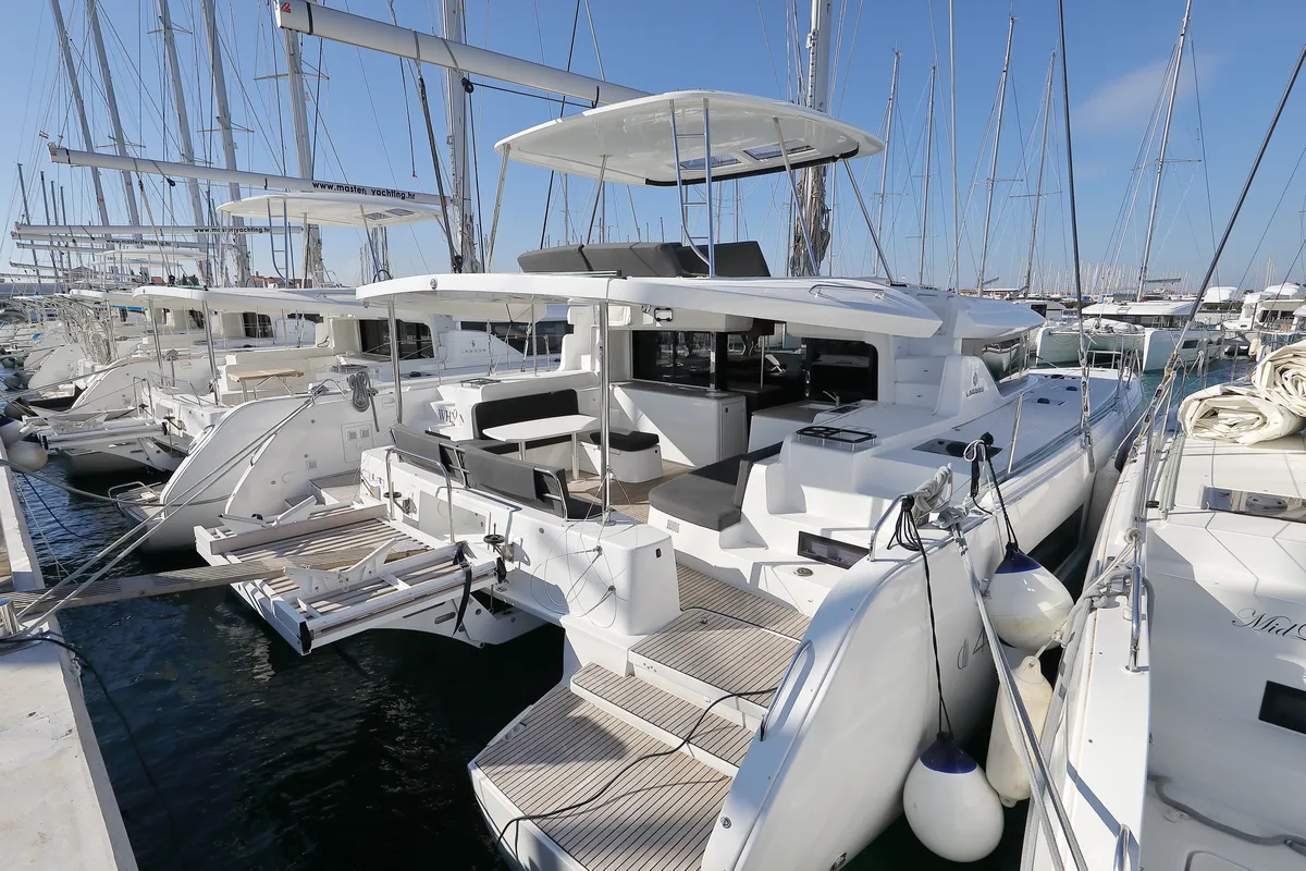 Exterior view of WHY NOT, a Lagoon 46 catamaran at Sukošan, Croatia
