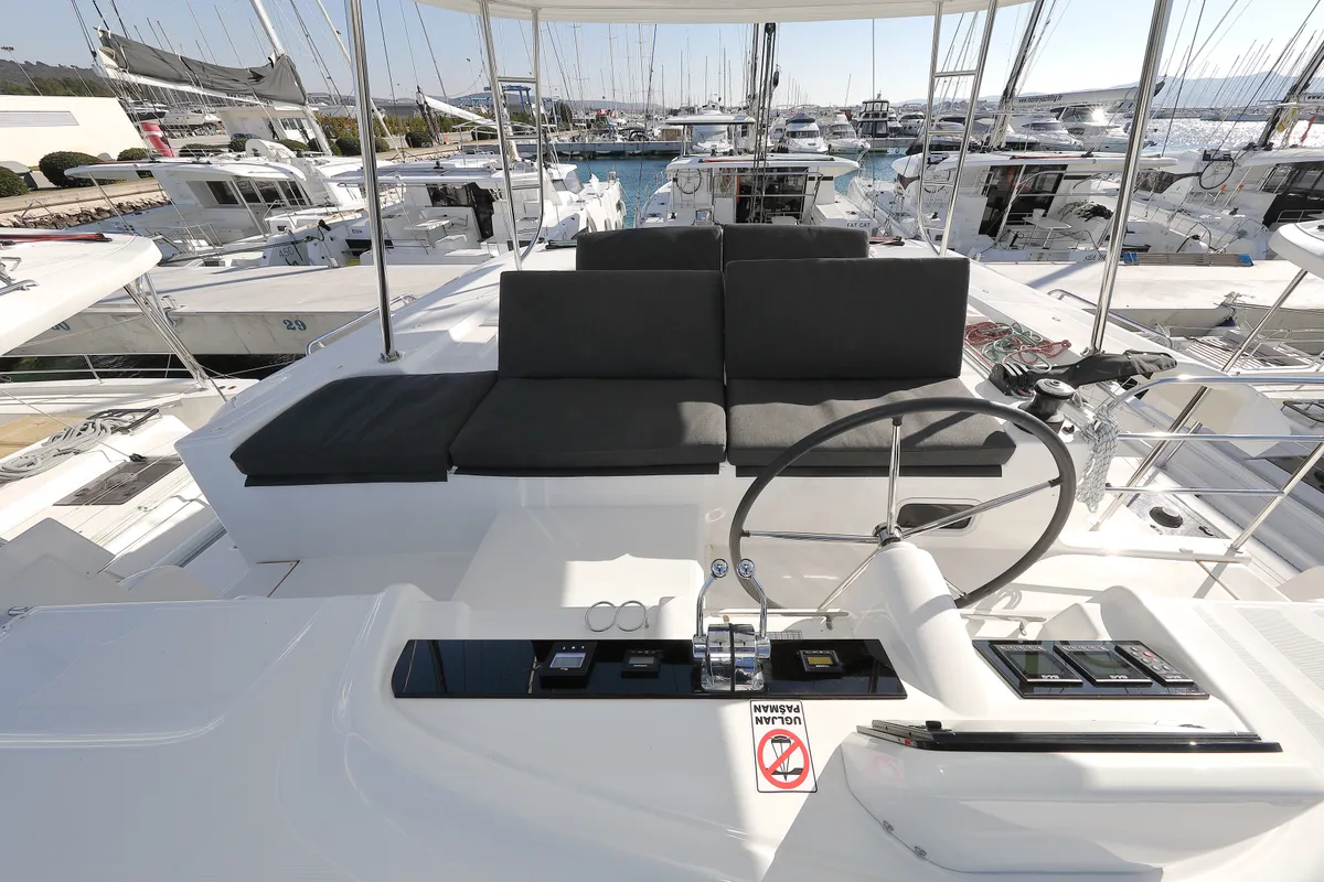 Cockpit of WHY NOT, a Lagoon 46 catamaran at Sukošan, Croatia