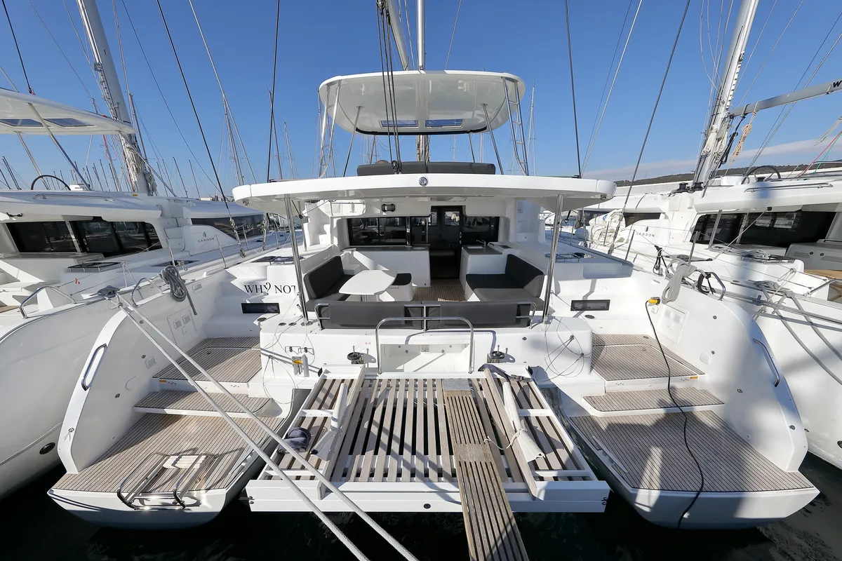 Exterior view of WHY NOT, a Lagoon 46 catamaran at Sukošan, Croatia