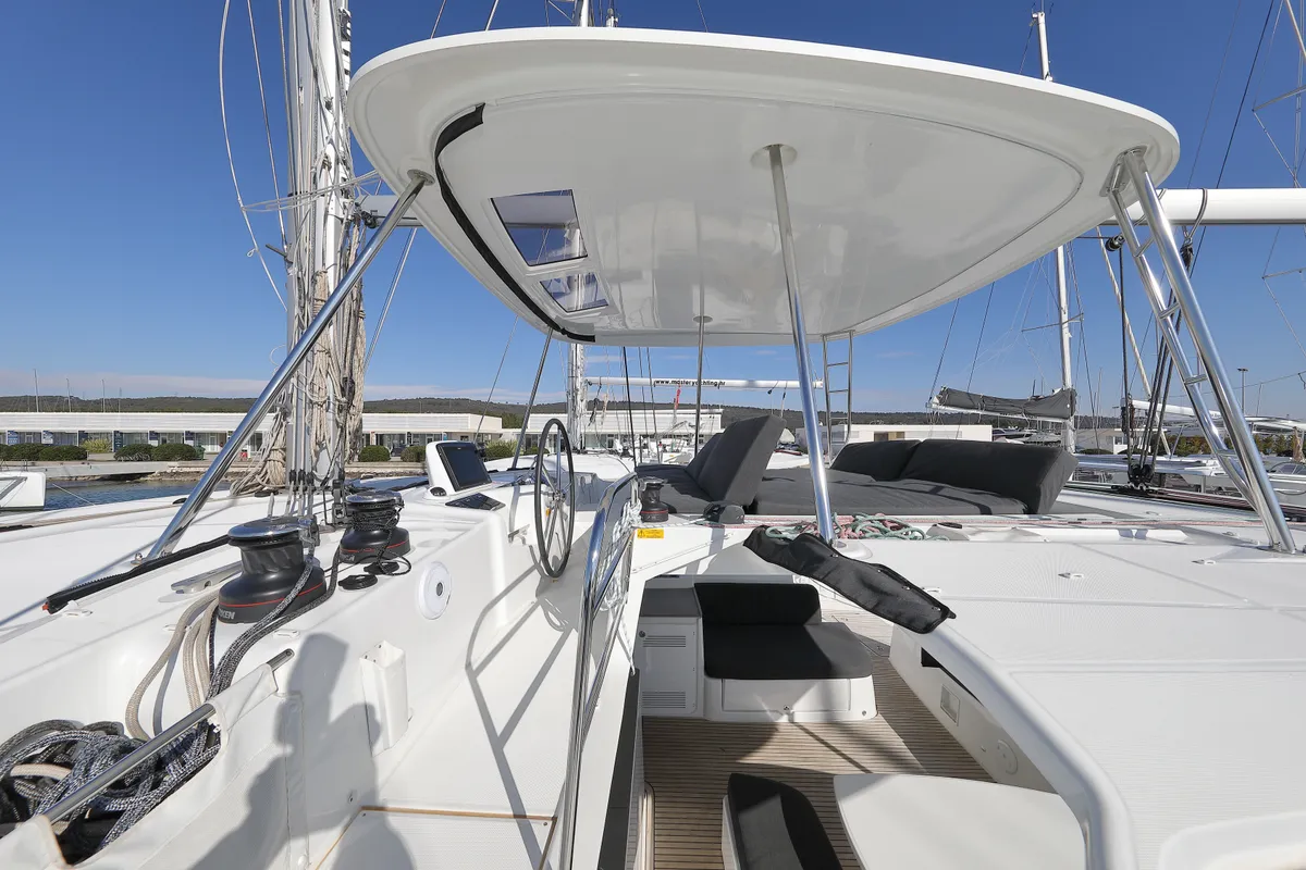 Cockpit of WHY NOT, a Lagoon 46 catamaran at Sukošan, Croatia
