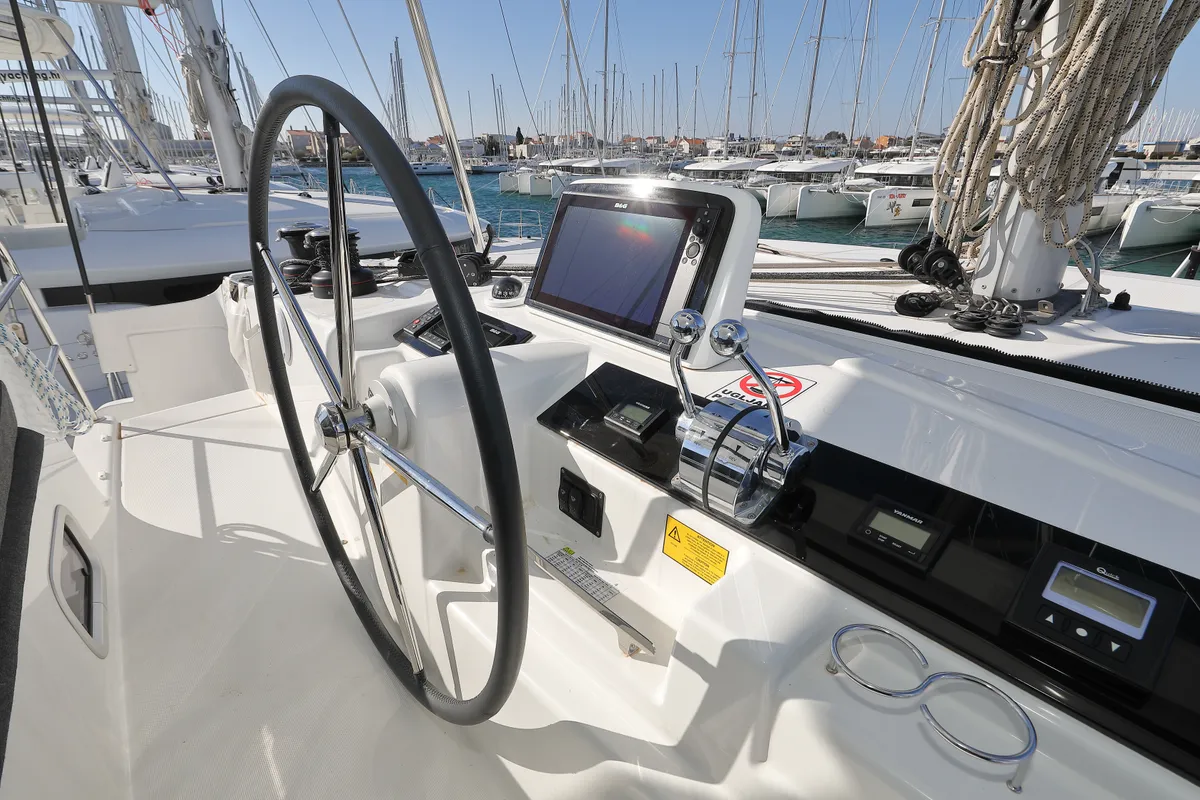 Cockpit of WHY NOT, a Lagoon 46 catamaran at Sukošan, Croatia