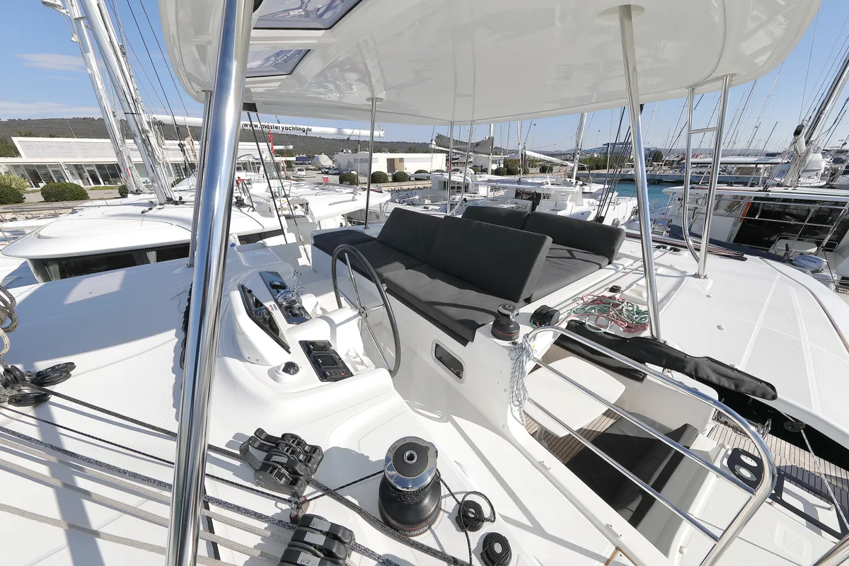 Cockpit of WHY NOT, a Lagoon 46 catamaran at Sukošan, Croatia