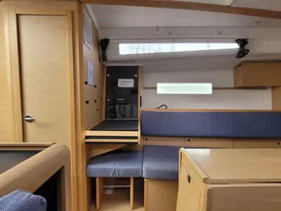 Salon of Kokozenn 2, a Jeanneau Sun Odyssey 349 sailboat at Saint-Cast-le-Guildo, France