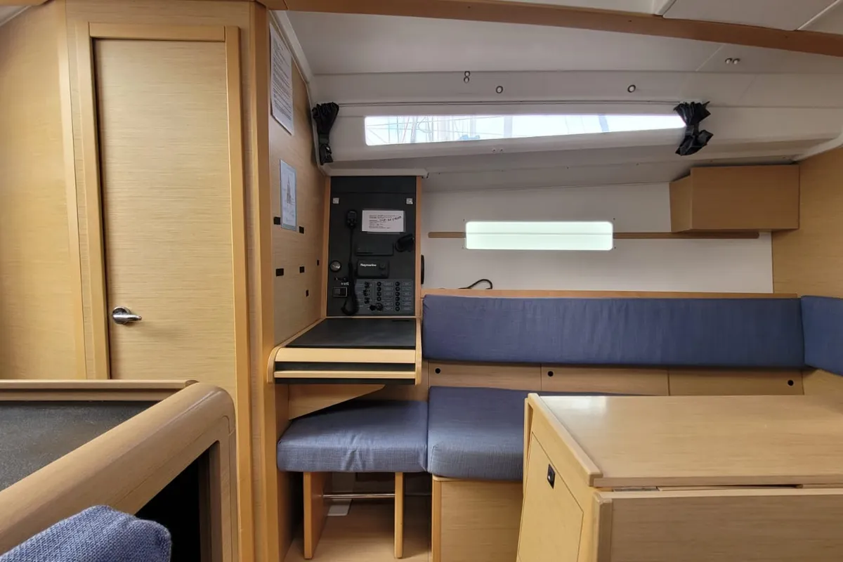Salon of Kokozenn 2, a Jeanneau Sun Odyssey 349 sailboat at Saint-Cast-le-Guildo, France