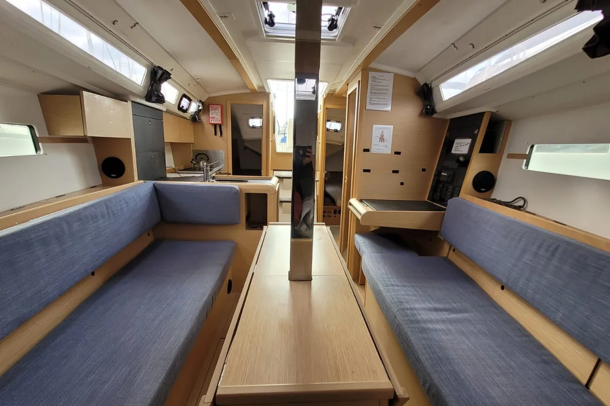 Salon of Kokozenn 2, a Jeanneau Sun Odyssey 349 sailboat at Saint-Cast-le-Guildo, France