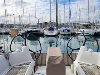 Cockpit of Kokozenn 2, a Jeanneau Sun Odyssey 349 sailboat at Saint-Cast-le-Guildo, France