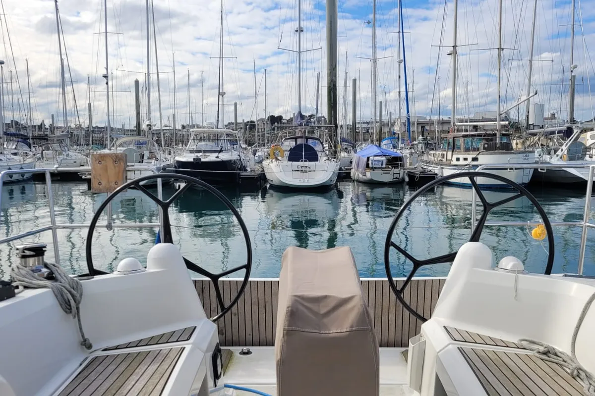 Cockpit of Kokozenn 2, a Jeanneau Sun Odyssey 349 sailboat at Saint-Cast-le-Guildo, France