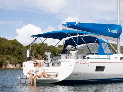 Deck of Beneteau Oceanis 46.1, a sailboat at Kontokali, Greece