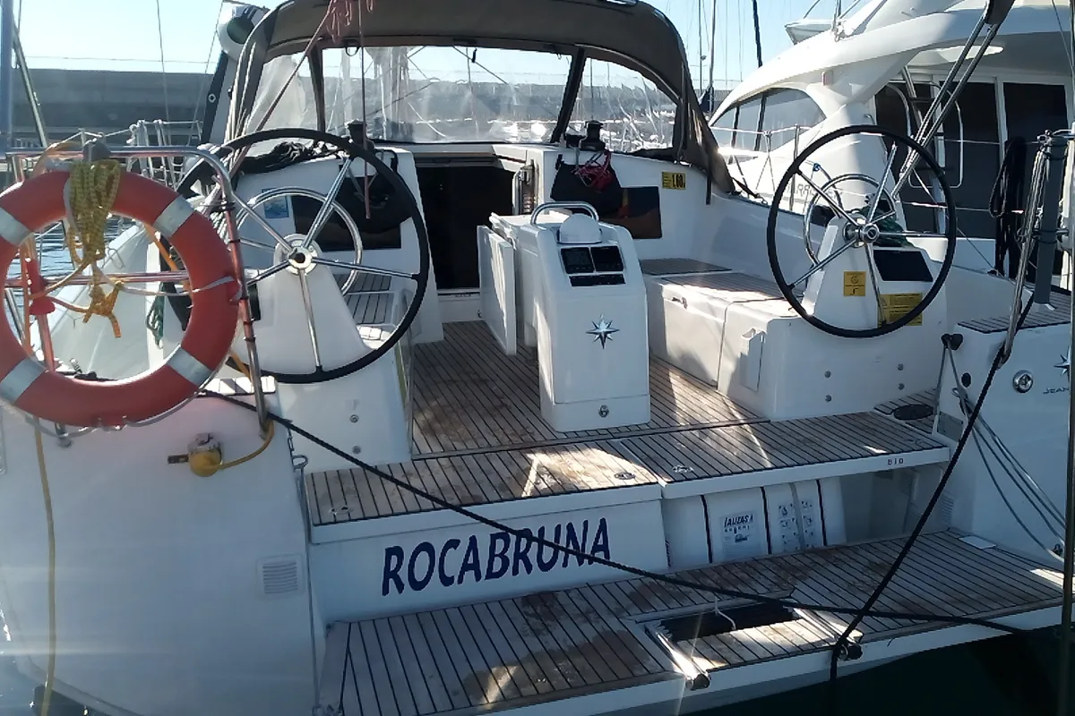 Cockpit of Rocabruna, a Jeanneau Sun Odyssey 410 sailboat at Palamós, Spain