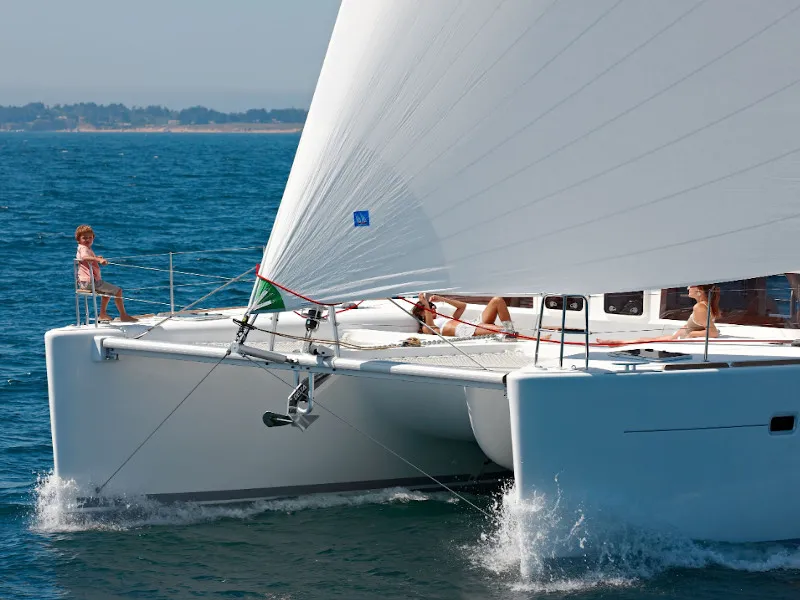 Exterior view of Caliente, a Lagoon 450 Fly catamaran at Thira, Greece