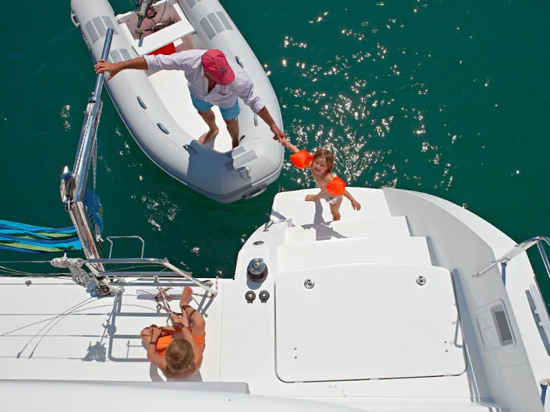 Deck of Caliente, a Lagoon 450 Fly catamaran at Thira, Greece