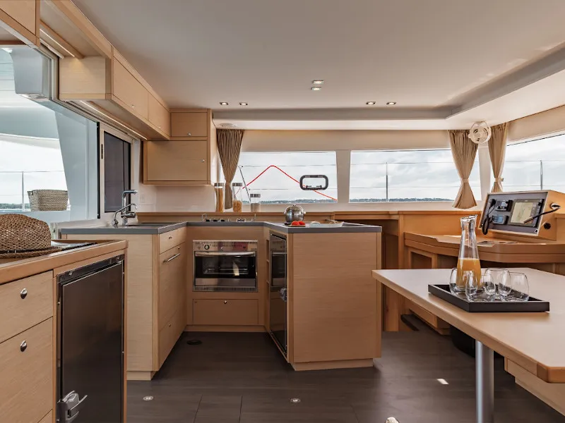 Galley of Caliente, a Lagoon 450 Fly catamaran at Thira, Greece