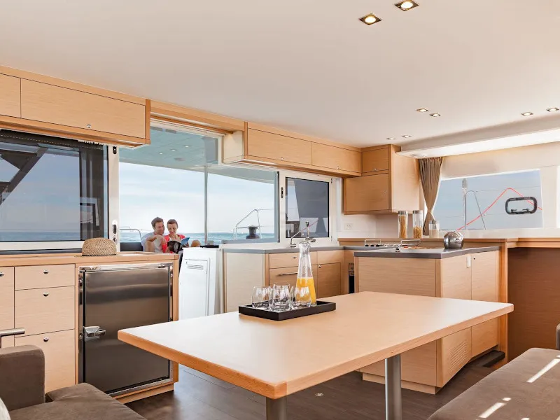 Galley of Caliente, a Lagoon 450 Fly catamaran at Thira, Greece