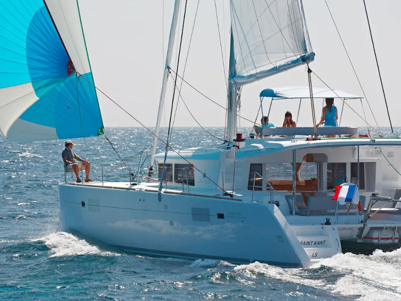Exterior view of Caliente, a Lagoon 450 Fly catamaran at Thira, Greece