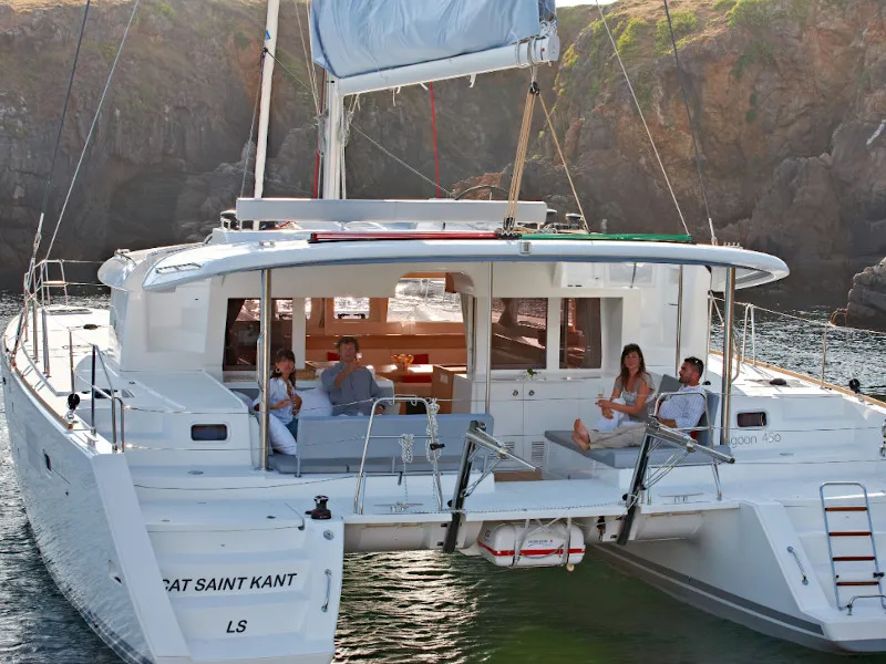 Exterior view of Caliente, a Lagoon 450 Fly catamaran at Thira, Greece