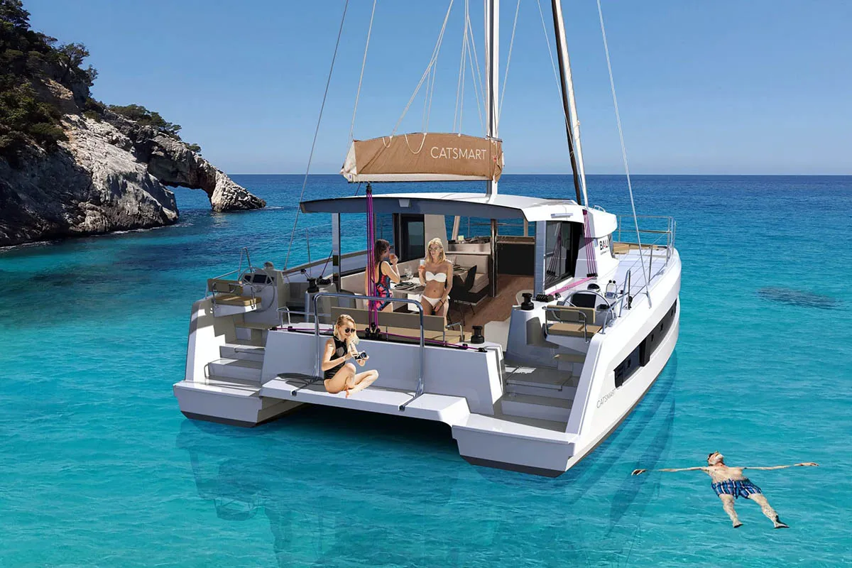 Deck of Amadeüs, a Bali Catsmart catamaran at Seget Donji, Croatia