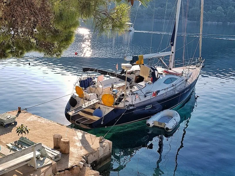 Exterior view of Olivia Adriatica, a Jeanneau Sun Odyssey 54 DS sailboat at Grad Šibenik, Croatia