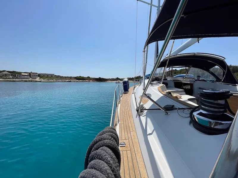 Deck of Olivia Adriatica, a Jeanneau Sun Odyssey 54 DS sailboat at Grad Šibenik, Croatia