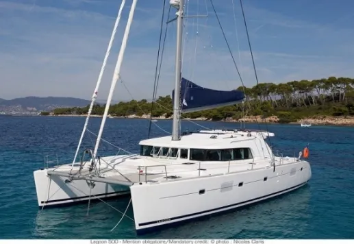 Exterior view of The Full House, a Lagoon 500 - 5 + 1 + 1 cab. catamaran at Athens, Greece