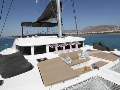 Deck of The Full House, a Lagoon 500 - 5 + 1 + 1 cab. catamaran at Athens, Greece